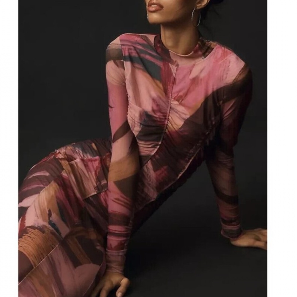 Anthropologie Long-Sleeve Printed Mesh Midi Dress Size Small - Picture 4 of 14